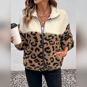 Leopard Print Fleece Teddy Jacket - Cream and Brown